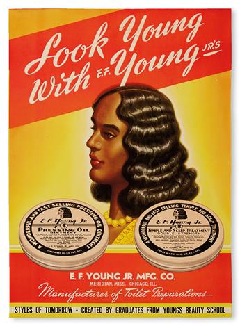 (COSMETOLOGY AND BEAUTY CULTURE.) C. F. YOUNG CO. Look Young With C F Youngs Pressing Oil and Temple and Scalp Treatment.